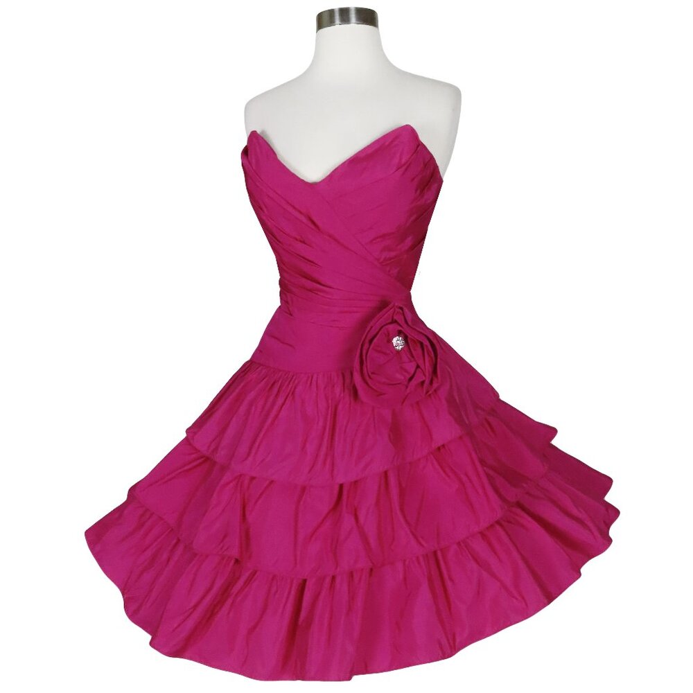 Vintage 80s Pink Pleated Strapless Tiered Full Skirt Prom Party Dress M Medium